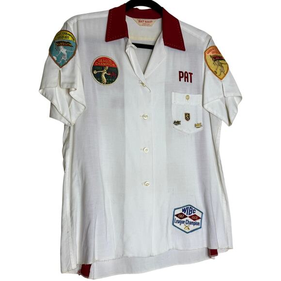 Nat Nast Shirt Womens XS 50s 60s Bowl League Champion WIBC Patches Bowling VTG - Picture 1 of 16